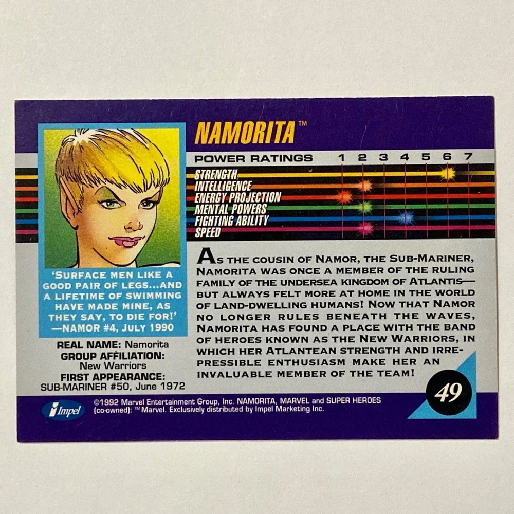 Vintage Marvel Comics 1992 Namorita Super Heroes Trading Card #49 Impel GUC